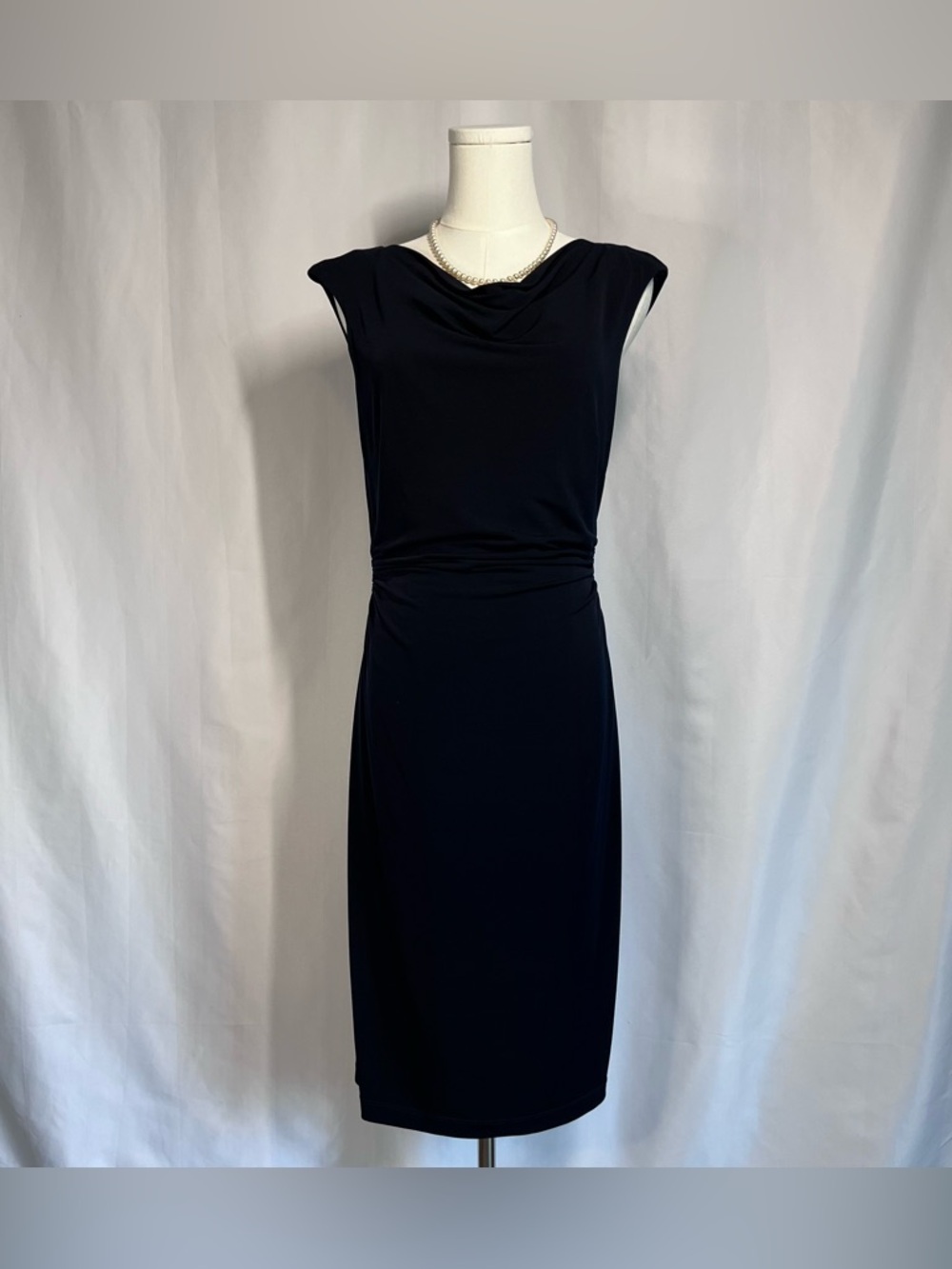 David Meister Navy Cowl Neck Midi Sheath Dress